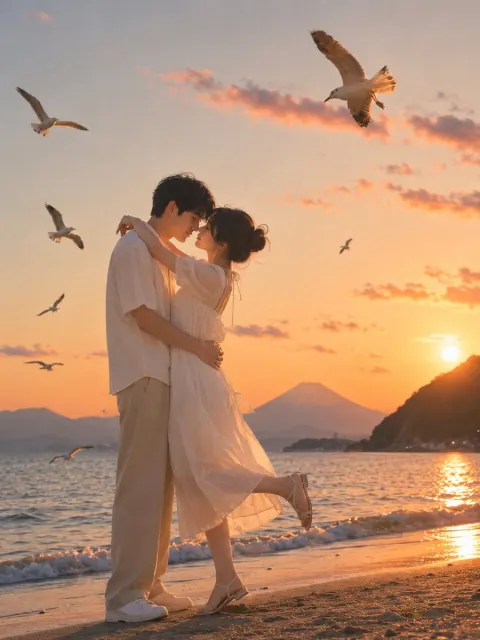 Sunset Beach Lovers Embrace