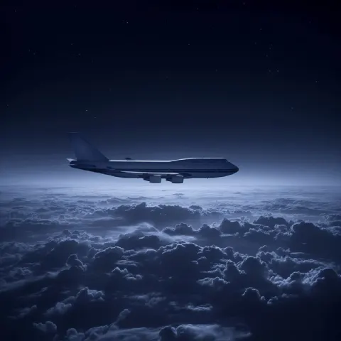 Boeing 747 Above the Clouds on a Moody Dark Night