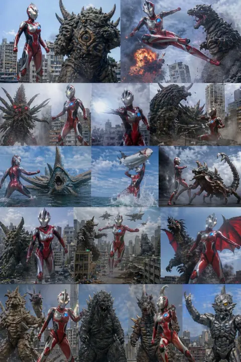 Giant Heroine Kaiju Battle Collage