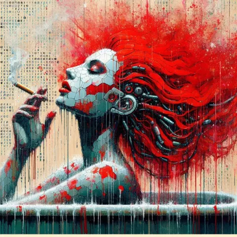 Bauhaus Red-Haired Cyborg Woman Smoking in Flower Bath