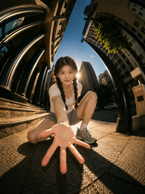 Fisheye Street Backlight Portrait