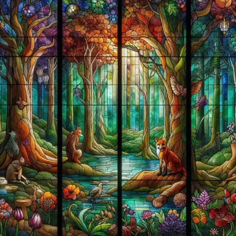 Enchanted Forest Stained Glass Window With Mystic Creatures