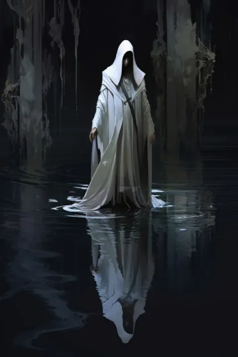 Robed Figure Walking on Black Waters of Time Grim Art