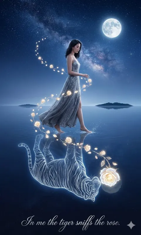 Moonlit Tiger Sniffs Rose Fantasy Art