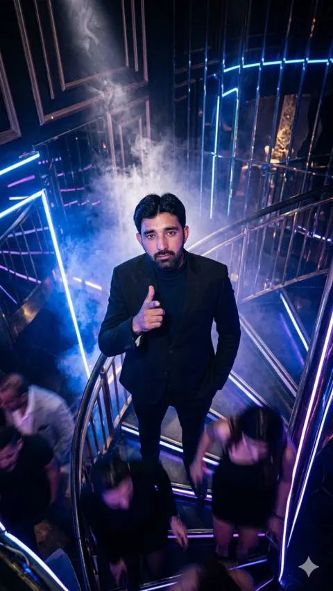 Cinematic Nightclub Spiral Staircase Portrait