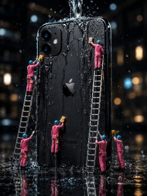Giant Phone Cleaned In Rainy Night