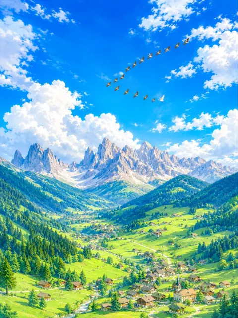 Geese Flying Over Italian Valley