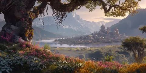 Foggy Marshland Delta With Ruined Medieval Fantasy City