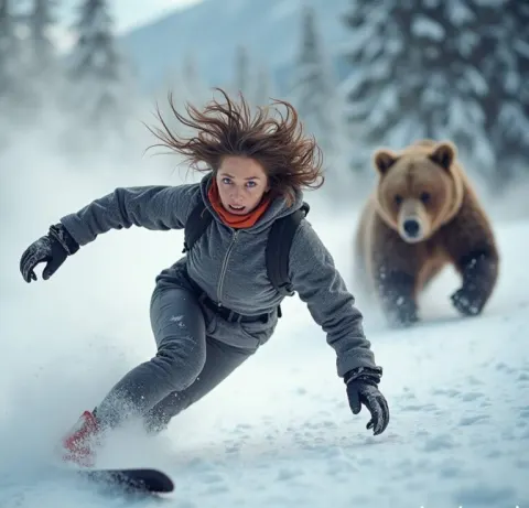 Woman in Mid-Air with Grizzly Bear Chase
