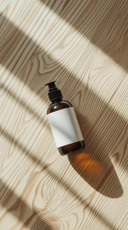 Shampoo Bottle on Its Side on Light Wood Surface