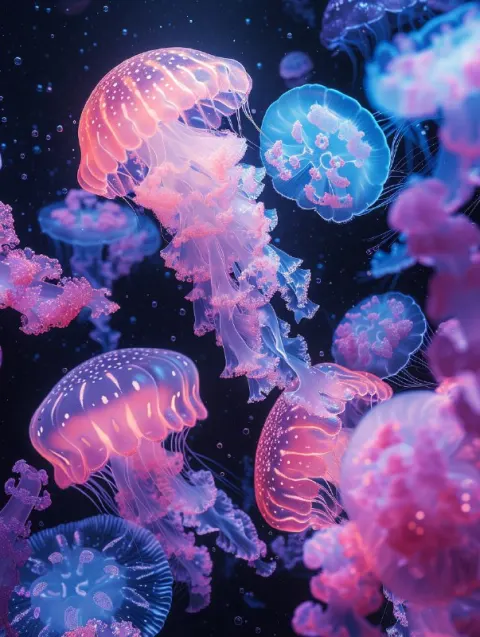 Bioluminescent Giraffe-Jellyfish Hybrids Underwater World