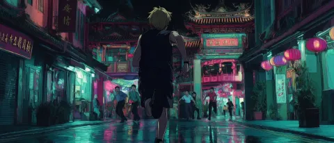 Neon Rain Chase Anime Scene