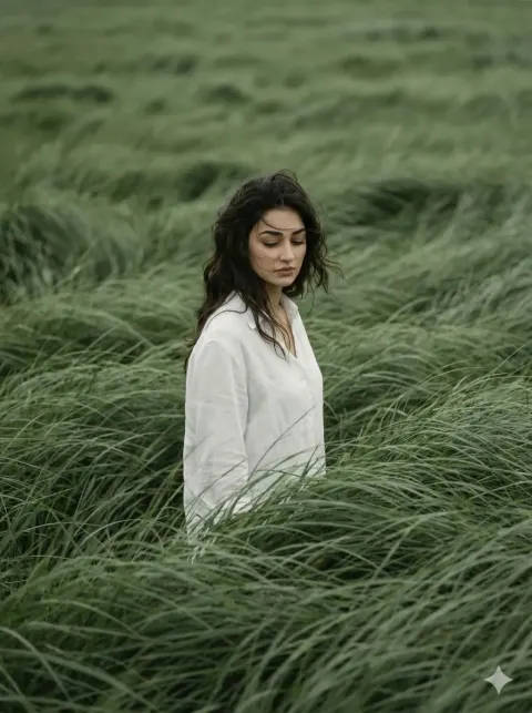 Solitary Figure in Wind-Swept Meadow