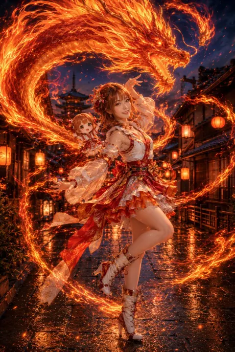 Magical Girl Controlling Fire Dragon