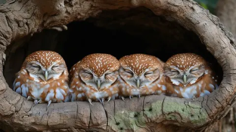 Sleepy Fuzzy Owlets Huddled on Mossy Oak Branches