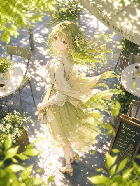 Anime Girl on Sunny Cafe Terrace