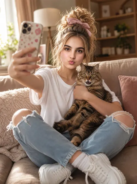 Girl Hugging Surprised Cat Selfie