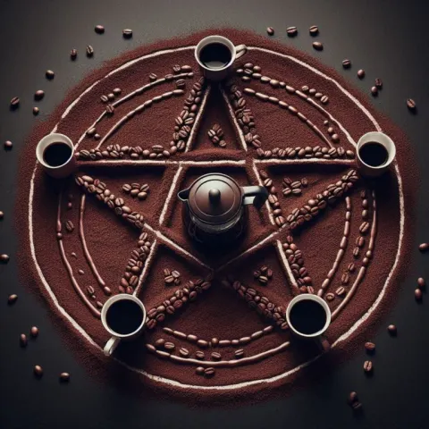 Pentagram Made of Coffee Grounds and Cups