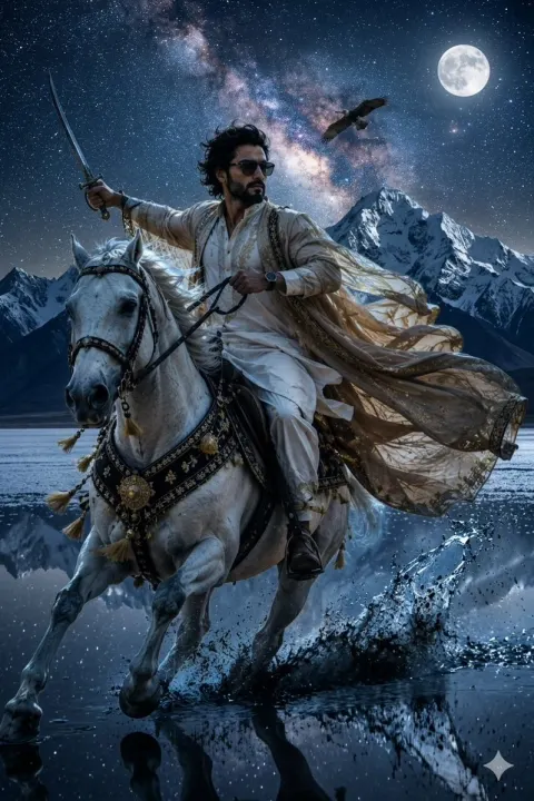 Epic Midnight Warrior On White Horse