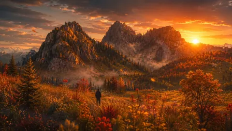 Lone Hiker Golden Peak Sunset
