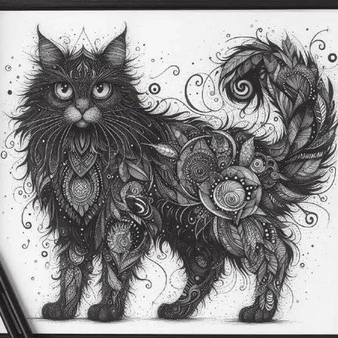 Gothic Ink Wash Cat With Whimsical Dark Detailing