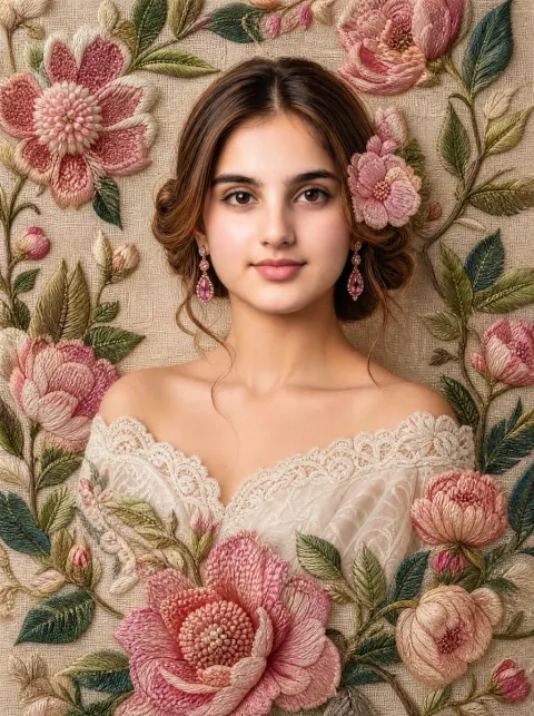 Ultra-Realistic Vintage Floral Embroidery Portrait