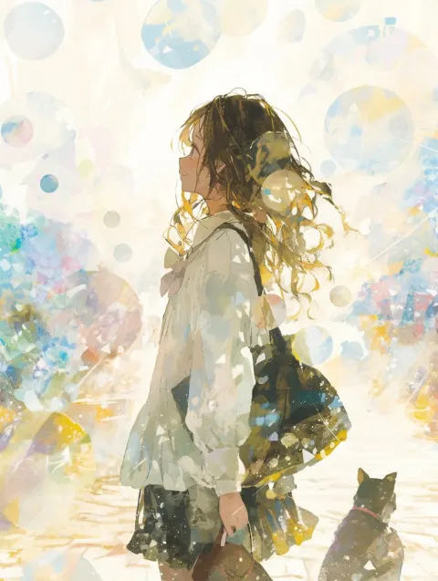 Girl and Black Cat Backlit Stroll