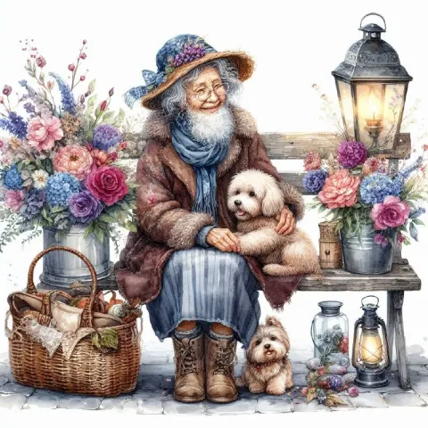 Grandmother on a Bench With Small Dog and Flowers