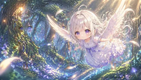 Chibi Angel Soars Through Fantasy Forest