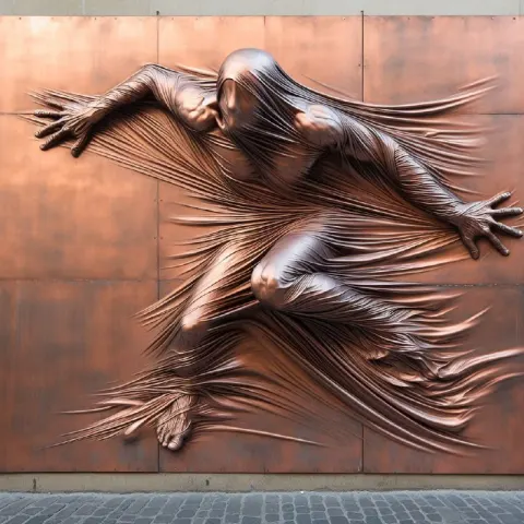 Copper Street Art Mural of Figure Behind Rippling Fabric