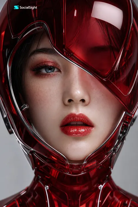 Crimson Cyber Helmet Fashion Portrait