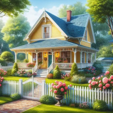 Charming Yellow Cottage With Pink Roses