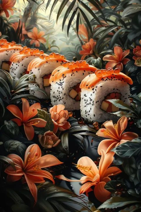 Vintage Luxurious Sushi Rolls in Dark Tropical Forest