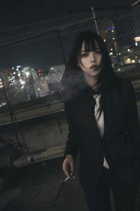 Rooftop Smoke in City Lights