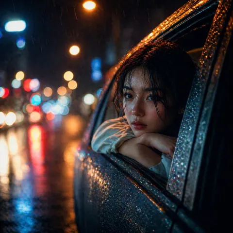 Melancholic Girl by Rainy Car Window