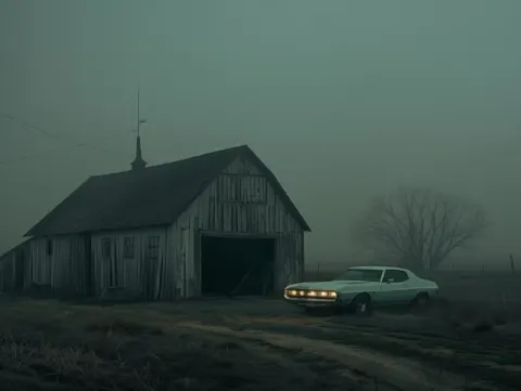 Misty Rural American Ghost Town With 70s Automobile