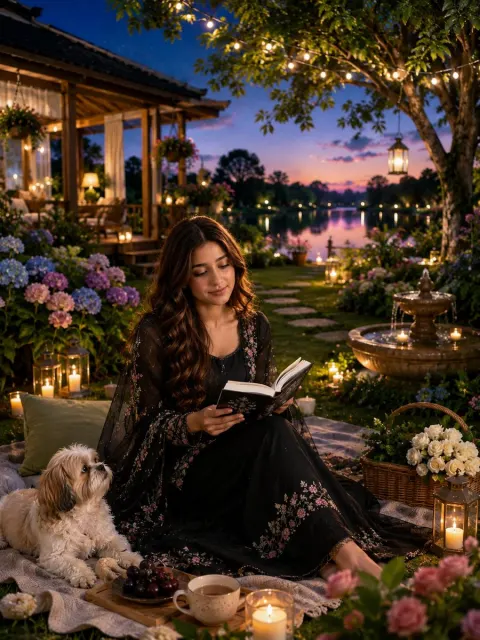 Twilight Lakeside Girl with Fluffy Dog