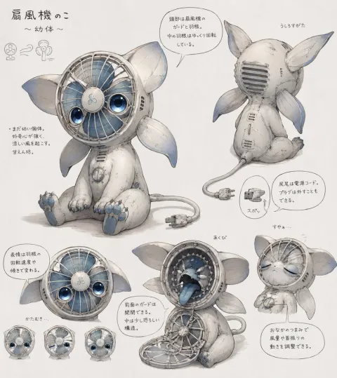 Cute Electric Fan Creature Concept Sheet