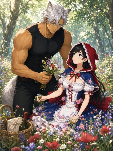 Werewolf Offers Flowers to Red Riding Hood