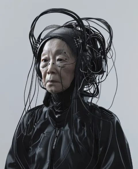 Old Asian Woman With Futuretech Face Shield and Cables