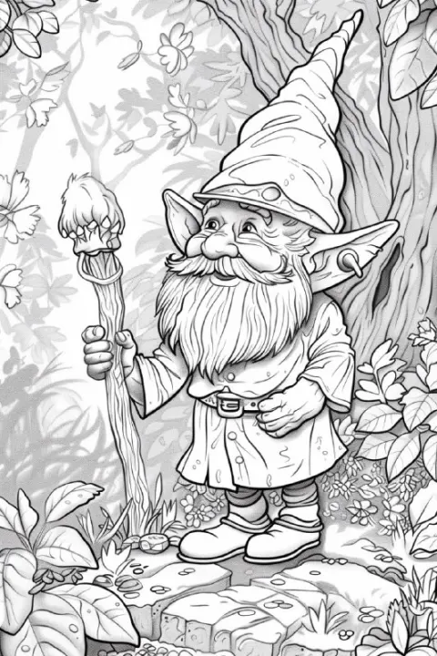 Curious Gnome in the Human World Adult Coloring Book