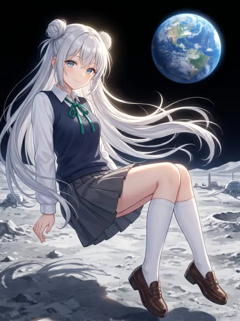 Anime Girl Floating on Moon Surface