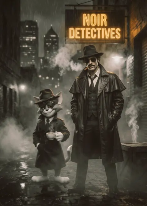 Noir Detective Duo In Rain