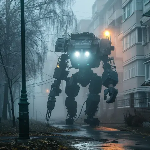 Hybrid Mech Warrior Emerging From Foggy Russian Streets