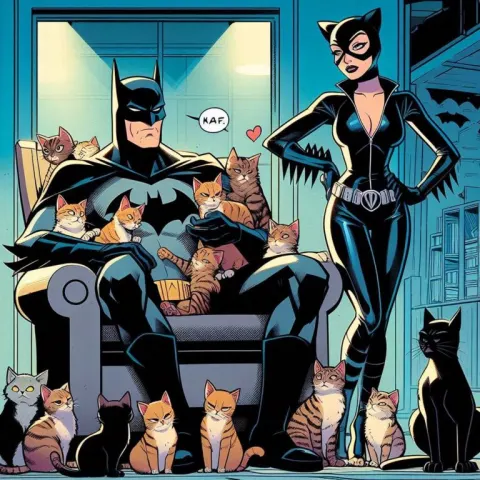 Batman Surrounded By Cats And Catwoman