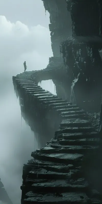Creature Climbing a Long Curving Staircase Vista