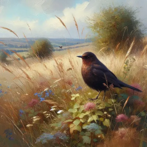Small Blackbird in Overgrown Field Oil Painting