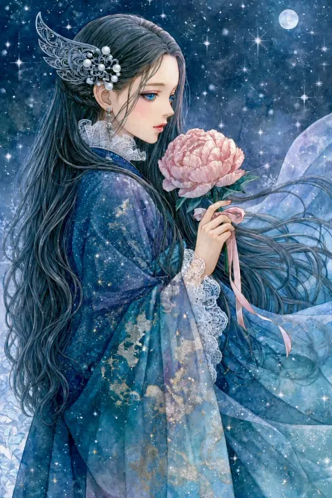 Sorrowful Maiden Under Starry Sky