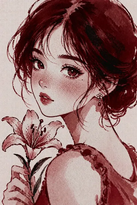 Burgundy Watercolor Lady Portrait