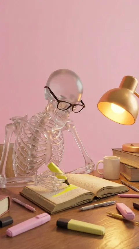 Glass Skeleton Studying at Night